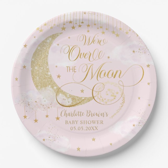 Twinkle Little Stars Moon Pastel Pink Baby Shower Paper Plates (Front)