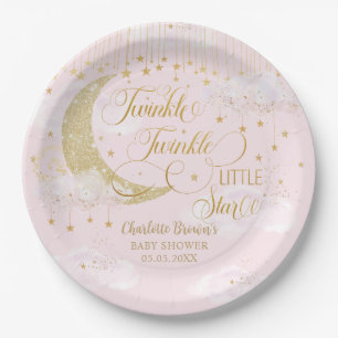 Twinkle Little Stars Moon Pastel Pink Baby Shower Paper Plates