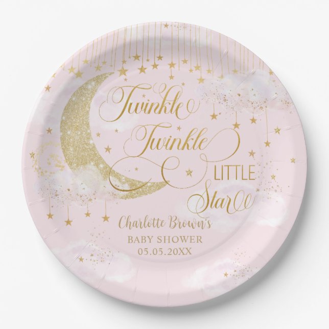 Twinkle Little Stars Moon Pastel Pink Baby Shower Paper Plates (Front)