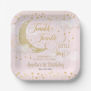 Twinkle Little Stars Moon Pink One 1st Birthday Paper Plates