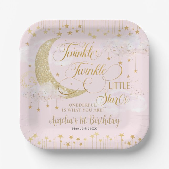 Twinkle Little Stars Moon Pink One 1st Birthday Paper Plates (Front)