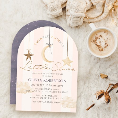 Twinkle Little Stars Pink Stripes Twin Baby Shower Invitation