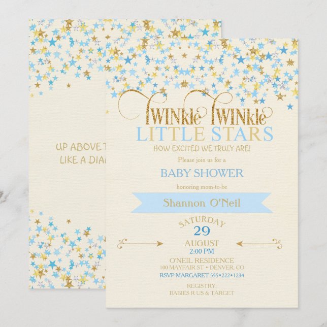 TWINkle Little Stars Twin Baby Boys Gold Blue Invitation (Front/Back)