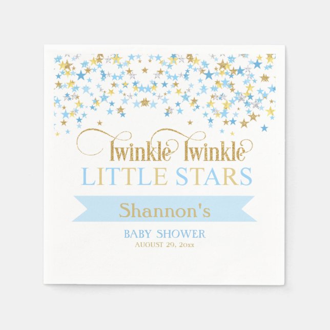 Twinkle Little Stars Twin Baby Shower Blue & Gold Paper Napkins (Front)