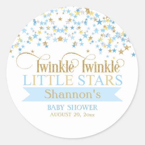 Twinkle Little Stars Twins Baby Shower Blue  Gold Classic Round Sticker