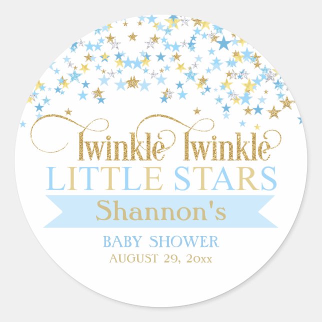Twinkle Little Stars Twins Baby Shower Blue & Gold Classic Round Sticker (Front)