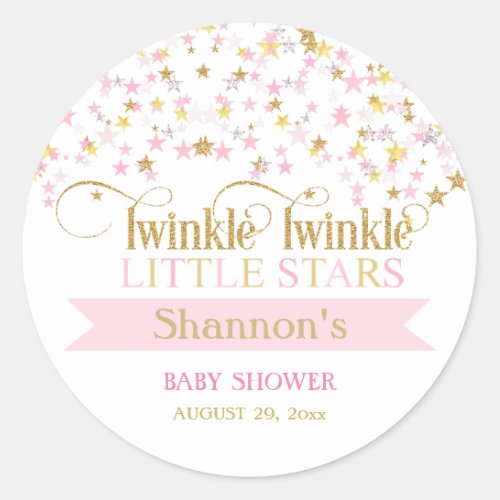 Twinkle Little Stars Twins Baby Shower Pink Gold Classic Round Sticker