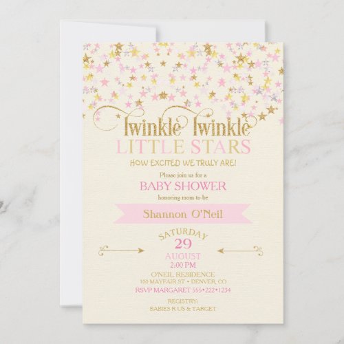 Twinkle Little Stars Twins Baby Shower Pink Gold Invitation