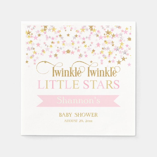 Twinkle Little Stars Twins Baby Shower Pink Gold Napkins (Front)