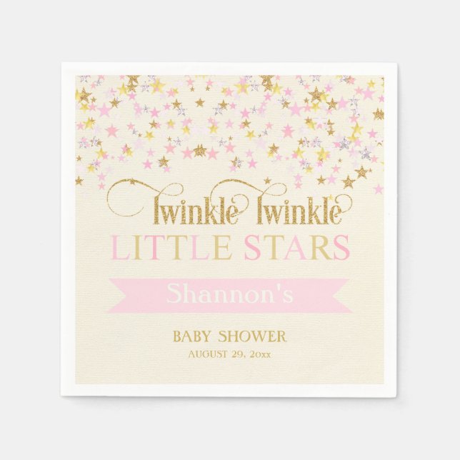 Twinkle Little Stars Twins Baby Shower Pink Gold Napkins (Front)