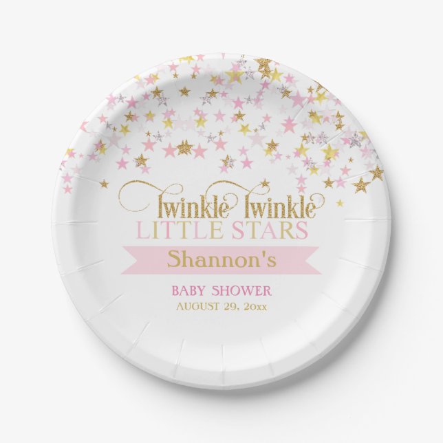 Twinkle Little Stars Twins Baby Shower Pink Gold Paper Plates (Front)