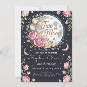 Twinkle Moon and Roses 2nd Birthday Invitation