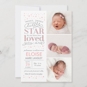 Twinkle Multi Photo Baby Girl Birth Announcement by BanterandCharm at Zazzle
