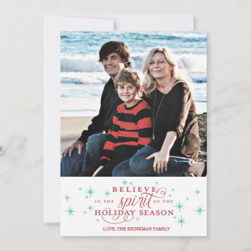Twinkle Red Script &amp; Blue Stars Holiday Photo Card