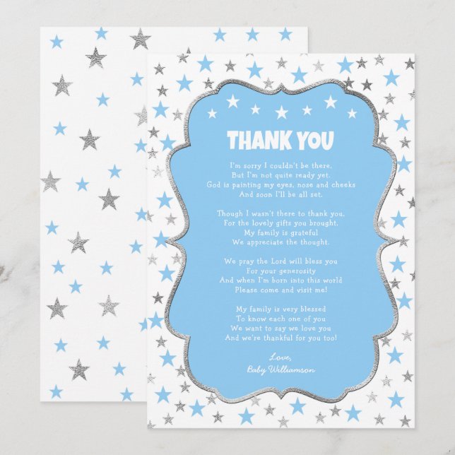 Twinkle silver stars baby blue boy thank you note invitation (Front/Back)
