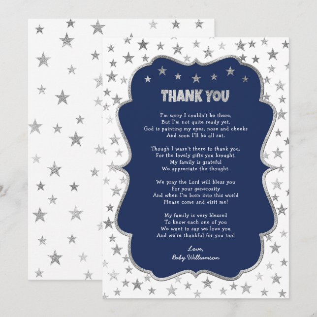 Twinkle silver stars navy boy thank you note invitation (Front/Back)