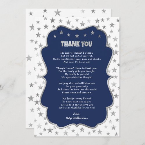 Twinkle silver stars navy boy thank you note invitation