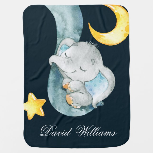 Twinkle Sleeping Elephant Baby Boy Monogram Custom Baby Blanket (Front)