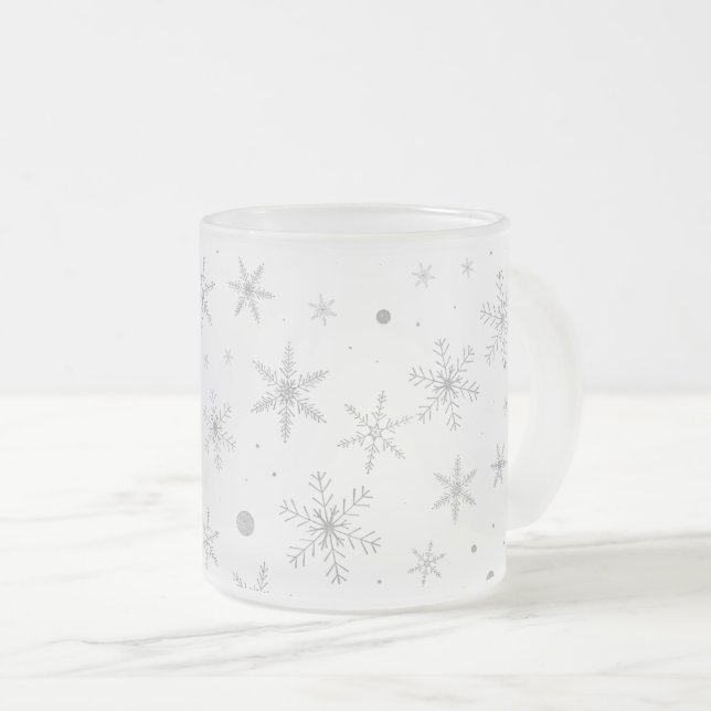 Twinkle Snowflake -Silver Grey & White- Frosted Glass Coffee Mug (Front Right)