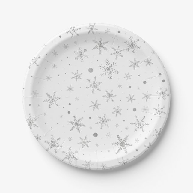 Twinkle Snowflake -Silver Grey & White- Paper Plates (Front)