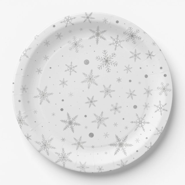 Twinkle Snowflake -Silver Grey & White- Paper Plates (Front)