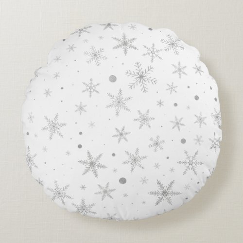 Twinkle Snowflake _Silver Grey  White_ Round Pillow