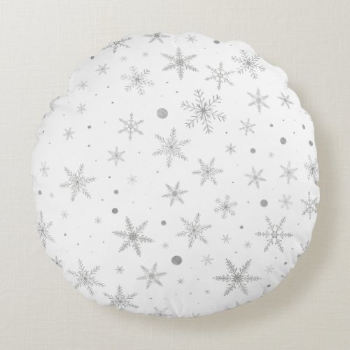 Twinkle Snowflake _Silver Grey  White_ Round Pillow