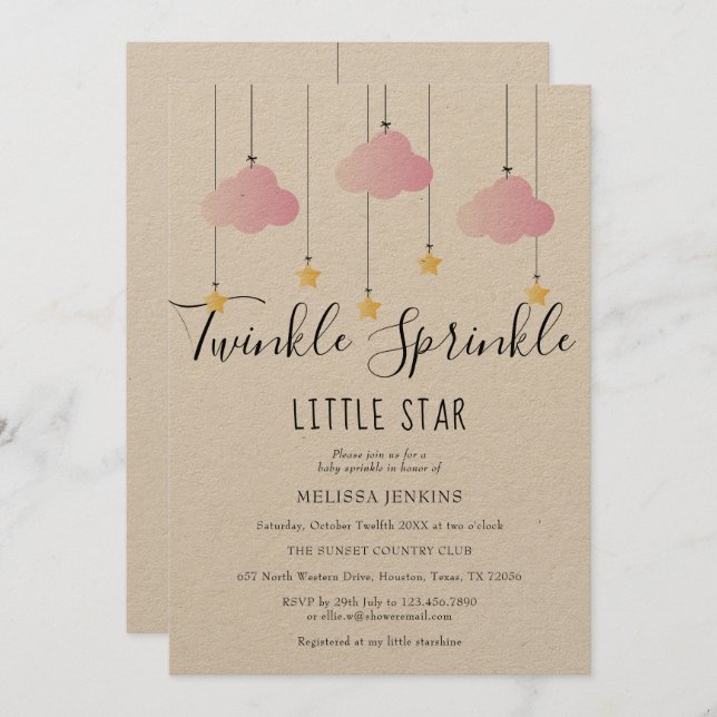 Twinkle Sprinkle Baby Shower Pink Rustic Boho Invitation (Front/Back)