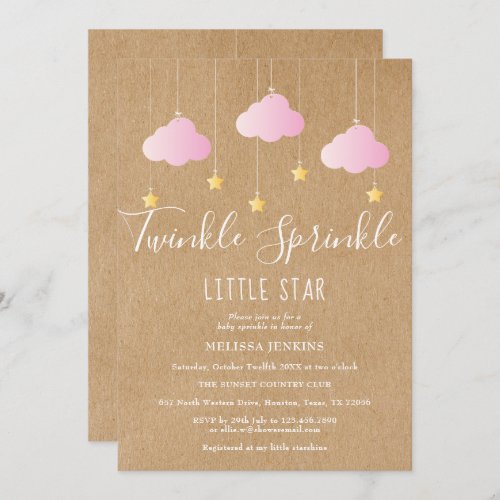 Twinkle Sprinkle Baby Shower Pink Rustic Kraft Invitation