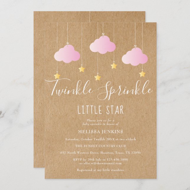 Twinkle Sprinkle Baby Shower Pink Rustic Kraft Invitation (Front/Back)