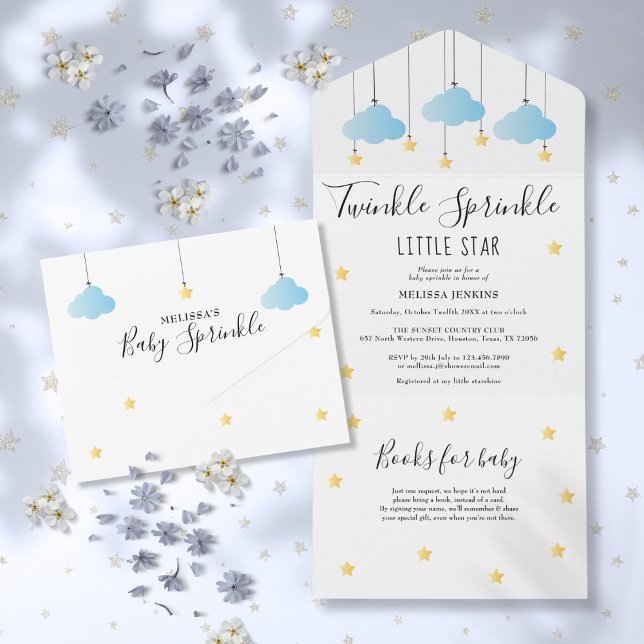 Twinkle Sprinkle Blue Clouds Gold Star Baby Shower All In One Invitation (Twinkle Sprinkle Blue Clouds Gold Star Baby Shower All In One Invitation)
