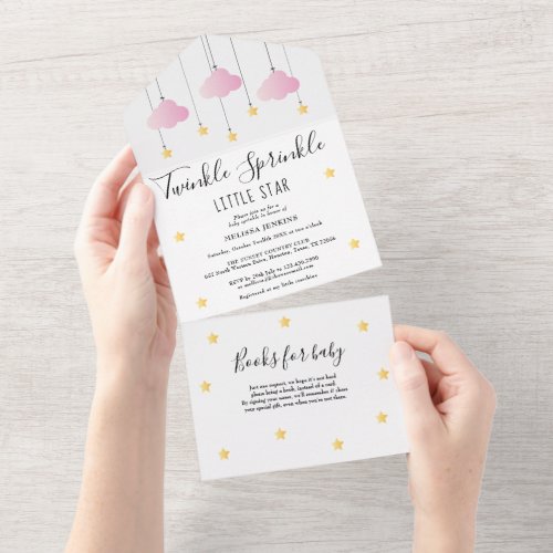 Twinkle Sprinkle Gold Stars Pink Cloud Baby Shower All In One Invitation