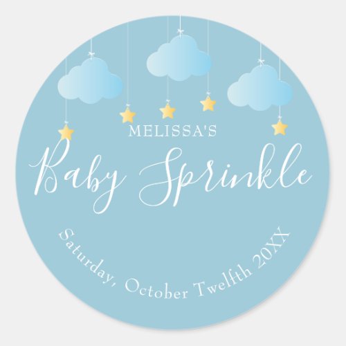 Twinkle sprinkle little star baby boy shower blue classic round sticker