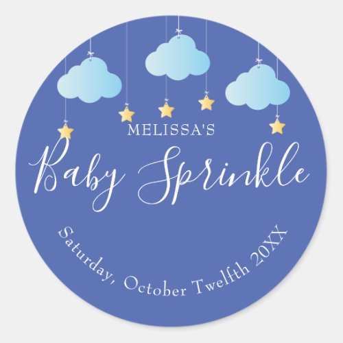 Twinkle sprinkle little star baby shower blue classic round sticker