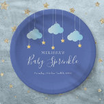 Twinkle Sprinkle Little Star Baby Shower Blue Paper Plates<br><div class="desc">Featuring cute blue clouds and golden stars on strings,  on a blue background,  these pretty paper plates are perfect for a special baby boy sprinkle,  shower or couples shower. Designed by Thisisnotme©</div>