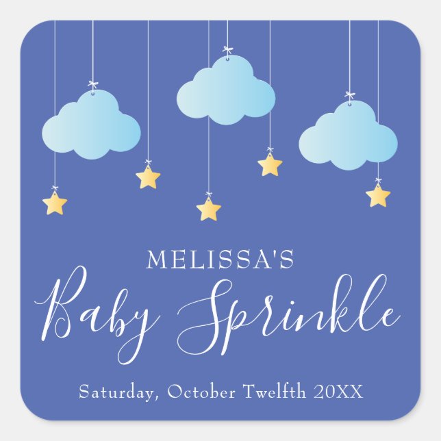 Twinkle sprinkle little star baby shower blue square sticker (Front)