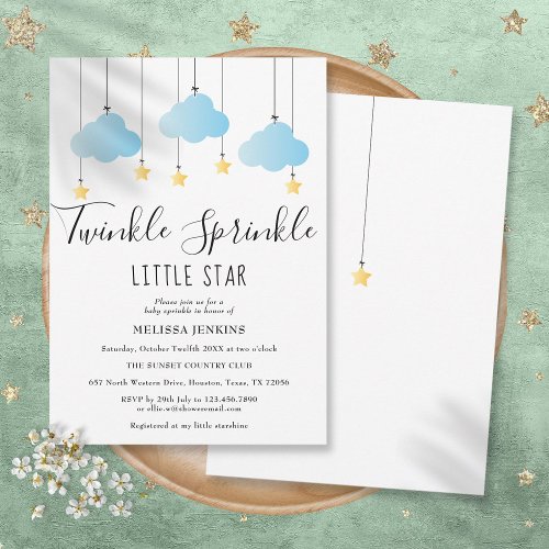 Twinkle Sprinkle Little Star Blue Boy Baby Shower Invitation