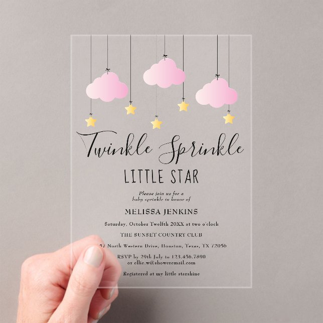 Twinkle Sprinkle Little Star Pink Girl Baby Shower Acrylic Invitations (Insitu (Handheld))
