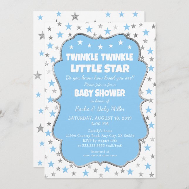 Twinkle Star Baby Shower blue silver invitations (Front/Back)