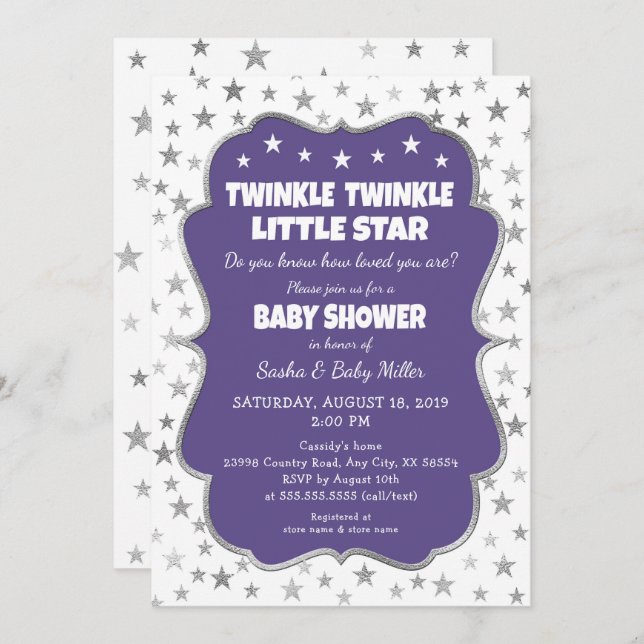 Twinkle Star Baby Shower ultra violet invitations (Front/Back)