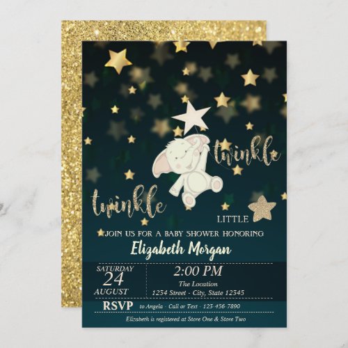 Twinkle Star BlackGold Glitter Bear Baby Shower Invitation