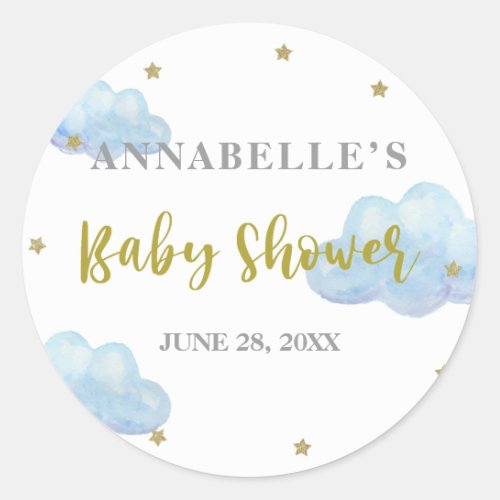 Twinkle Star Blue Clouds Watercolor Baby Shower Classic Round Sticker