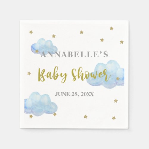 Twinkle Star Blue Clouds Watercolor Baby Shower Napkins