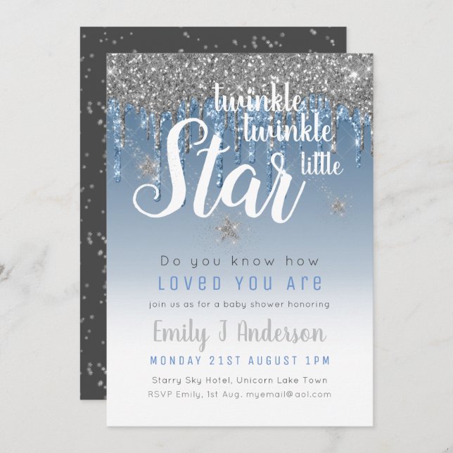 Twinkle Star Blue Silver Drip Glitter Baby BOY Invitation (Front/Back)