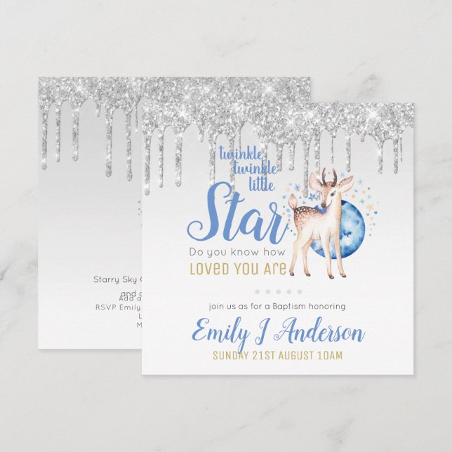 TWINKLE Star Drip Glitter Woodland Deer BAPTISM Invitation (Front/Back)