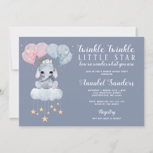 Twinkle Star Gender Reveal Baby Elephant Invitation