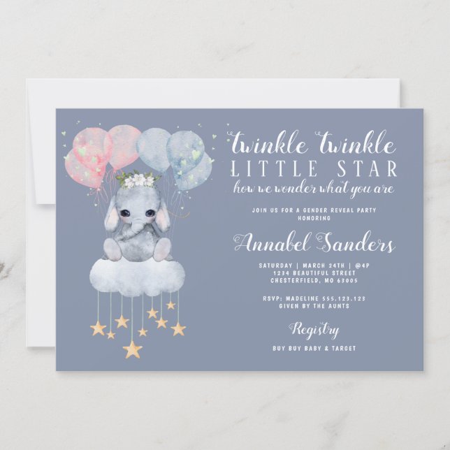 Twinkle Star Gender Reveal Baby Elephant Invitation (Front)