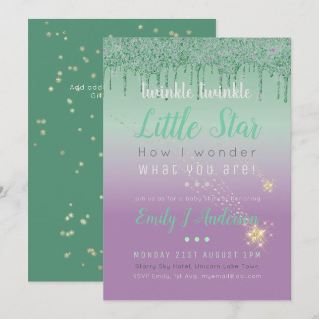 TWINKLE STAR Green Purple Drip Glitter Baby Gender Invitation (Front/Back)