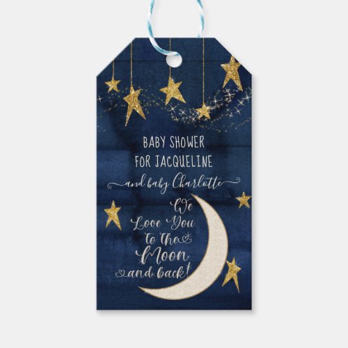 Twinkle Star Moon Navy Blue Gold Baby Boy Shower Gift Tags