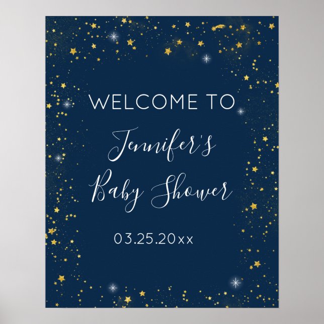 Twinkle Star Navy & Gold Baby Shower Welcome Poster (Front)